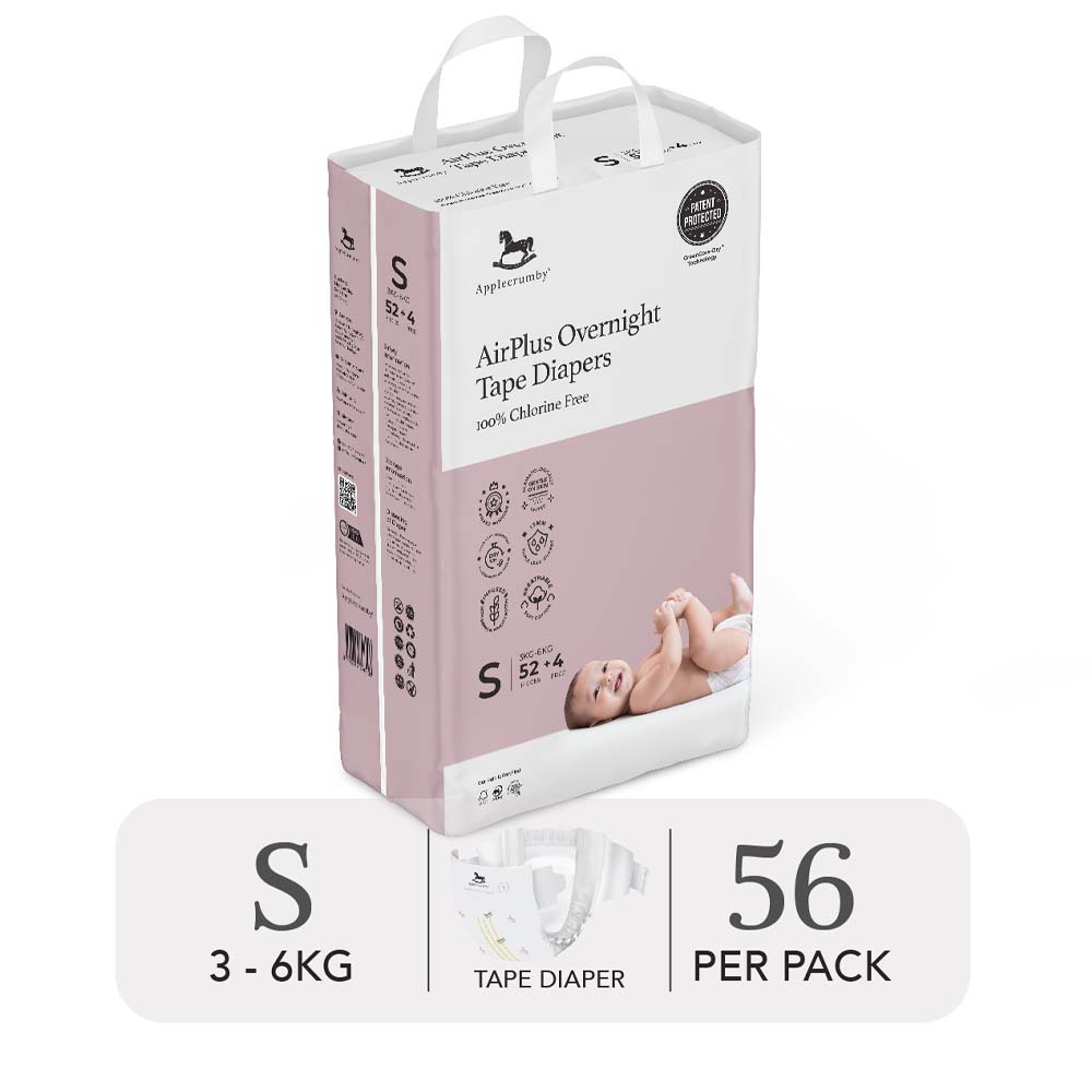 Bỉm tã dán đêm Applecrumby Airplus Overnight Mega Tape size S – 56 miếng (3 – 6kg)