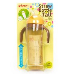 Bình Uống Nước Tay Cầm Có Ống Hút Pigeon 330ml Vàng